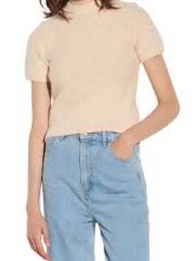 Sandro Beige Short Sleeve Mock Neck Top